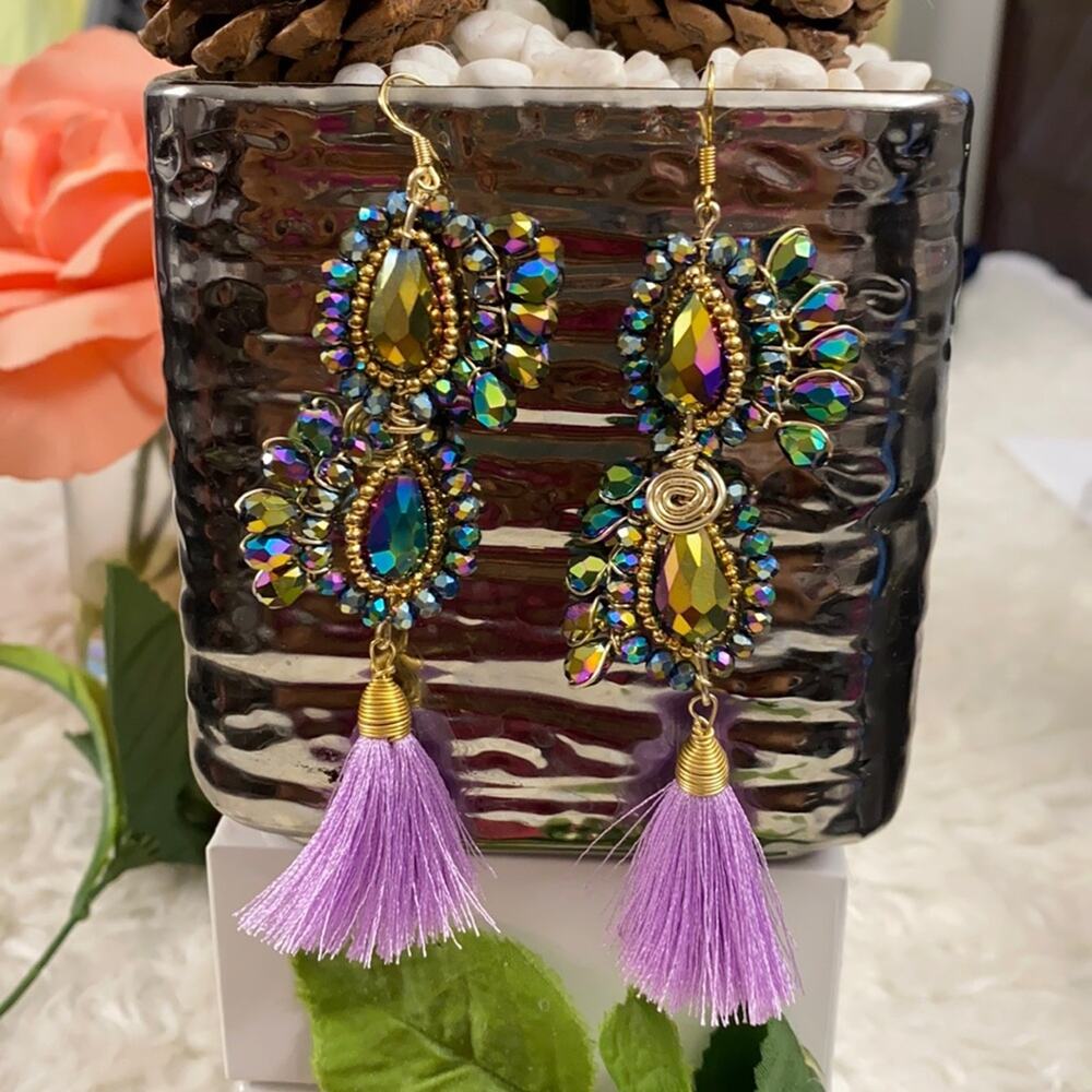 Oro Laminado 4.5" Purple Beads Wire Long Handmade Earrings Mexican Jewelry